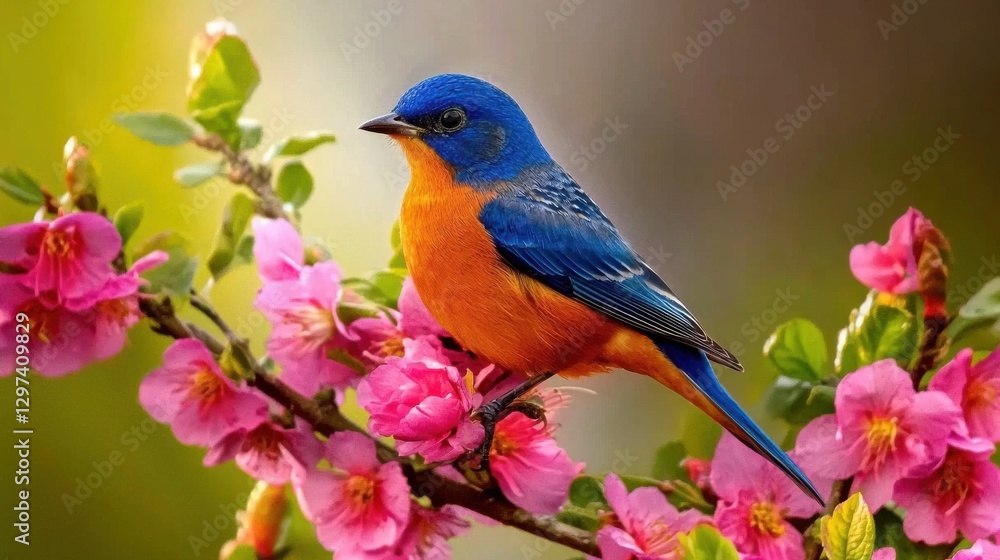 Vibrant Songbird Perched on Blooming Floral Branch in Natural Habitat Close up Detail of Colorful Bird with Bright Plumage Resting on Flowering Plant in Outdoor Garden or Forest Environment Vibrant Songbird Perched on Blooming Floral Branch in Natural Habitat Close up Detail of Colorful Bird with Bright Plumage Resting on Flowering Plant in Outdoor Garden or Forest Environment