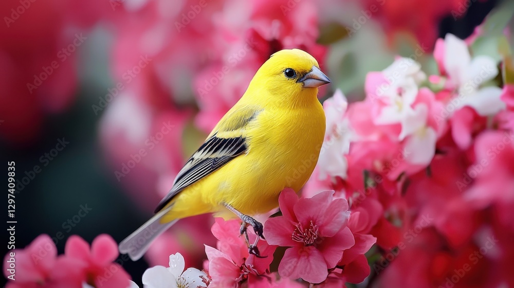 Stunning close up photograph of a vibrant yellow songbird possibly a goldfinch or canary perched on the colorful blooming branches of a flowering plant or shrub in a lush natural garden setting Stunning close up photograph of a vibrant yellow songbird possibly a goldfinch or canary perched on the colorful blooming branches of a flowering plant or shrub in a lush natural garden setting