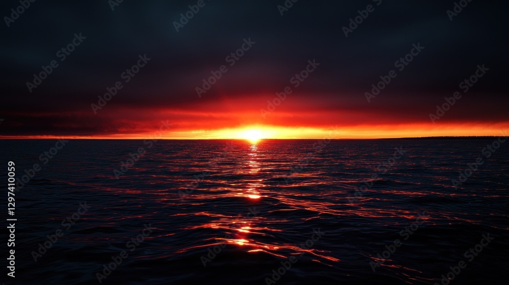 Naklejka premium Stunning sunset over calm ocean waters with vibrant colors reflecting on the surface
