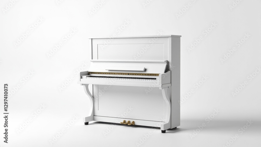 A white piano with a closed lid and gold pedals stands against a plain white background. A white piano with a closed lid and gold pedals stands against a plain white background.