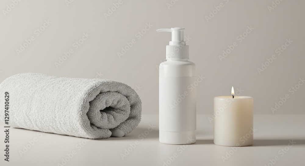 Spa Day Essentials: Rolled Towel, Lotion Pump Bottle, and Lit Candle Spa Day Essentials: Rolled Towel, Lotion Pump Bottle, and Lit Candle