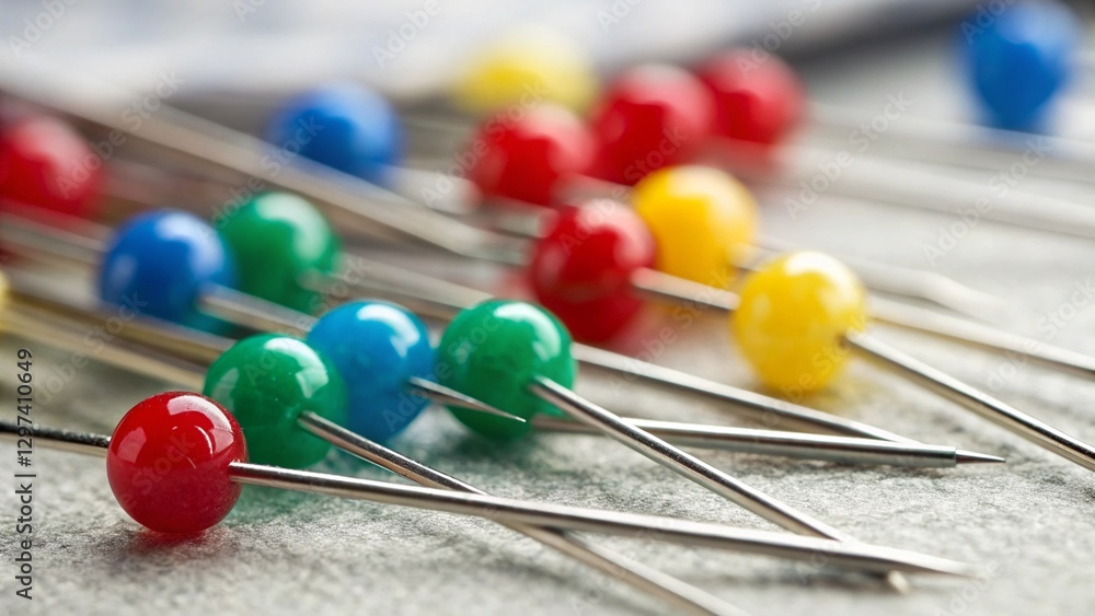 Macro image of colorful push pins in a line, highlighting their sharp points. Office and craft supplies.
Macro image of colorful push pins in a line, highlighting their sharp points. Office and craft supplies.