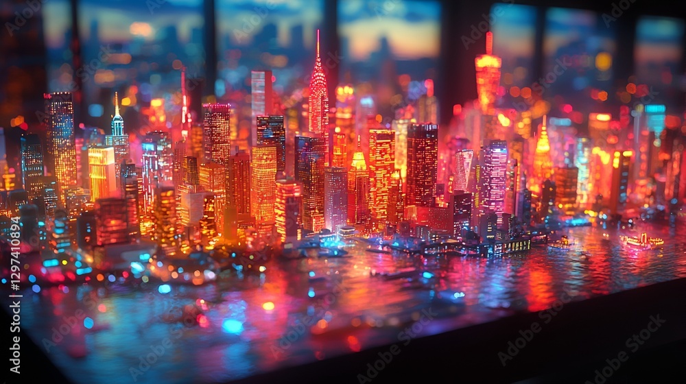 Colorful NYC cityscape model, vibrant lights, evening view, table display. Possible stock photo use Colorful NYC cityscape model, vibrant lights, evening view, table display. Possible stock photo use