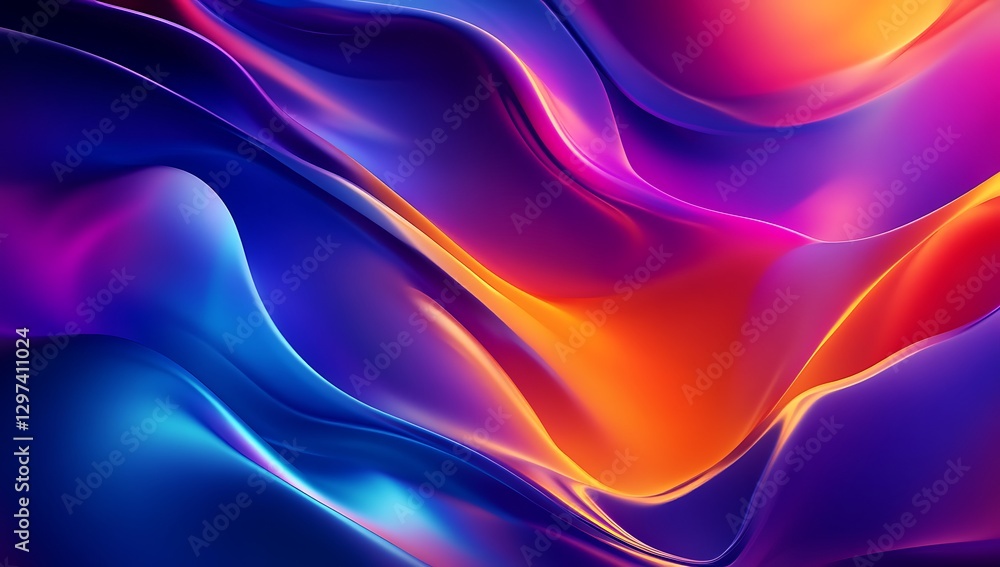 Fototapeta premium A vibrant abstract background with fluid shapes in shades of purple, blue, pink, orange, and yellow. Smooth curves and wavy lines create depth, motion, and an elegant, energetic atmosphere.