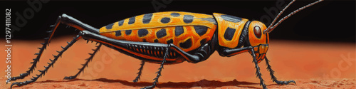 Vibrant Orange Black Cricket Vector Illustration on Desert Background with Detailed Texture and Spot Patterns - Insect Art for Entomology Enthusiasts
