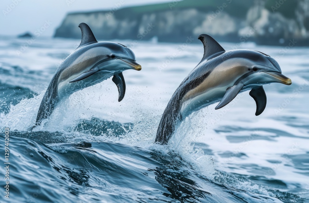 Obraz premium Two dolphins leaping in ocean waves, dramatic coastal background