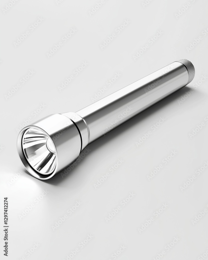 A silver flashlight with a shiny surface, isolated on a white background. A silver flashlight with a shiny surface, isolated on a white background.