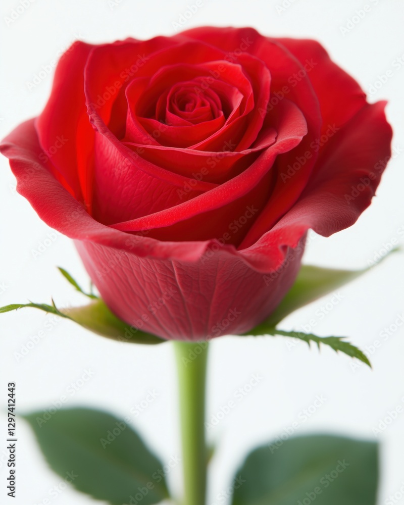 A close-up of a vibrant red rose with green leaves against a white background. A close-up of a vibrant red rose with green leaves against a white background.