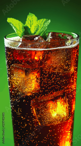 Refreshing Carbonated Cola Drink with Ice Cubes and Mint Leaves on Green Background - Illustrating Chilled Beverage Bubbles and Summer Freshness
