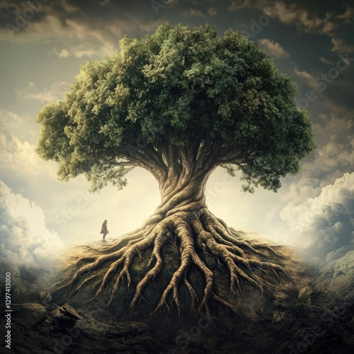 Woman Contemplating Ancient Tree