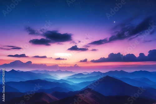 Purple Mountain Twilight - Mountain landscape bathed in purple twilight colors. Dramatic sky creates mystical evening atmosphere.