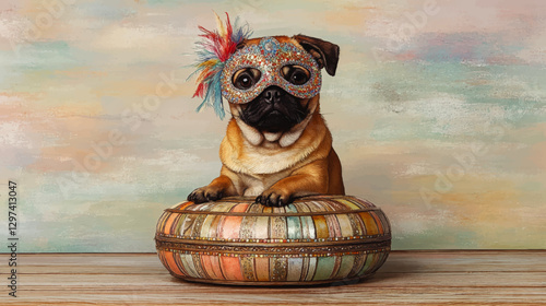 Charming Pug in Colorful Masquerade Mask Sitting on Artistic Cushion Against Pastel Background - Perfect Pet and Carnival Theme Vector Image