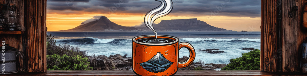 custom made wallpaper toronto digitalStunning Coastal Sunrise Vector Art with Coffee Mug in Rustic Window and Ocean Waves Featuring Scenic Mountain View on Cape Town Horizon