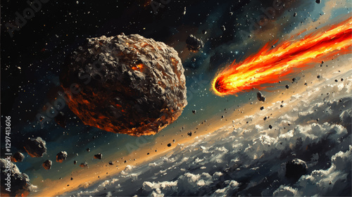 Stunning Vector Art of Meteor and Asteroid in Outer Space with Fiery Comet Trail and Starry Sky - Cosmic Phenomenon Captured in High-Quality Digital Illustration