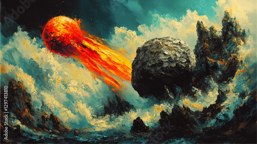 Dramatic Impact of Fiery Meteor in Abstract Sky with Turbulent Clouds and Erupting Volcanic Landscape | Dynamic Natural Phenomena Vector Art