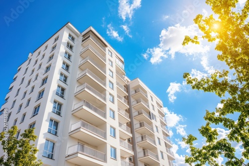 a white high-rise building with balconies against the blue sky, showcasing different shades and angles of view with copy space Generative AI