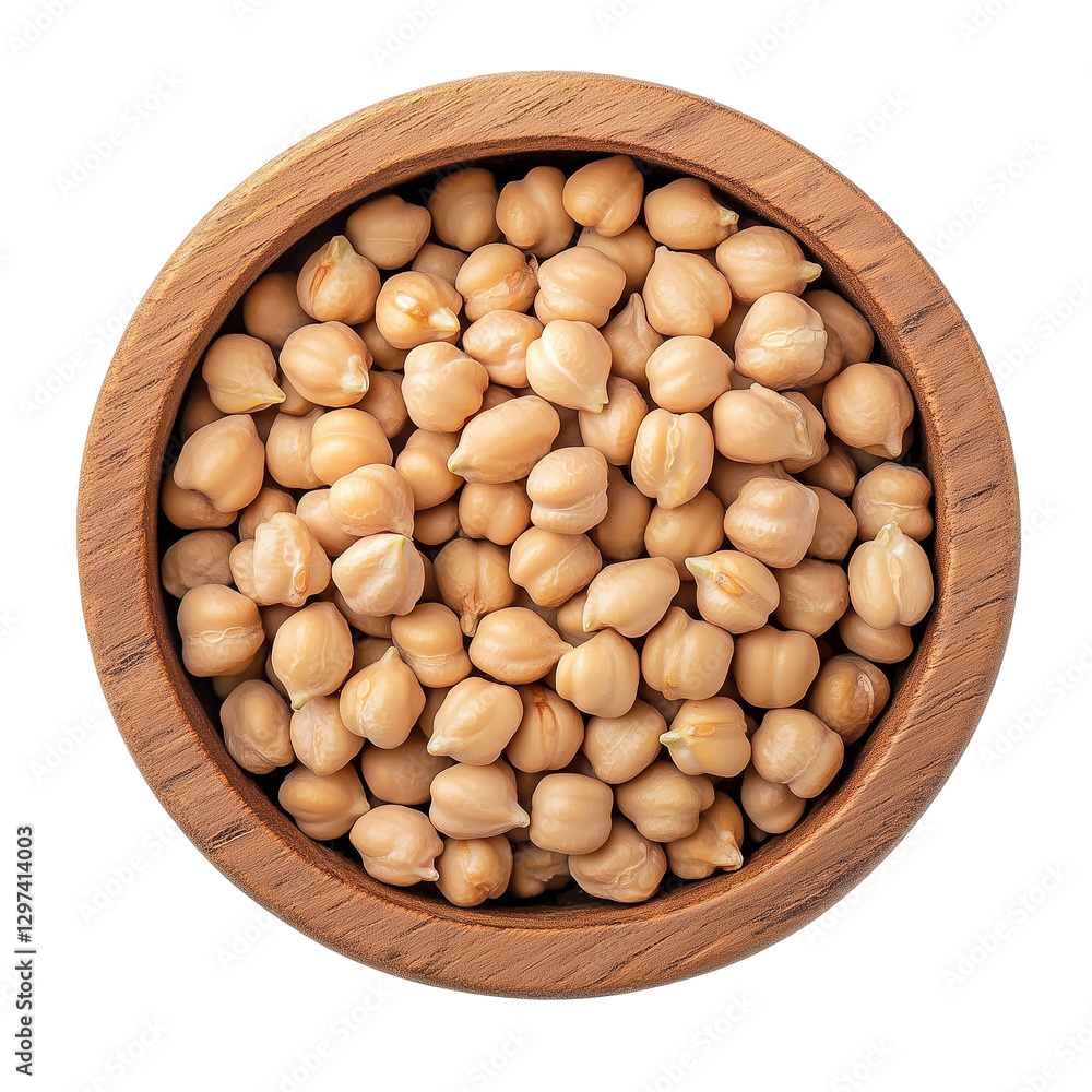 Chickpeas in Wooden Bowl on Transparent Background, Top View, Isolated Chickpeas in Wooden Bowl on Transparent Background, Top View, Isolated