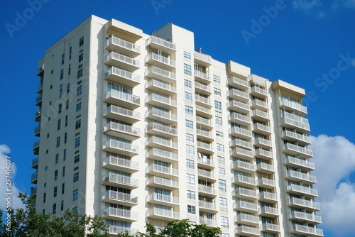 A white high-rise building with balconies against the blue sky, representing real estate Generative AI