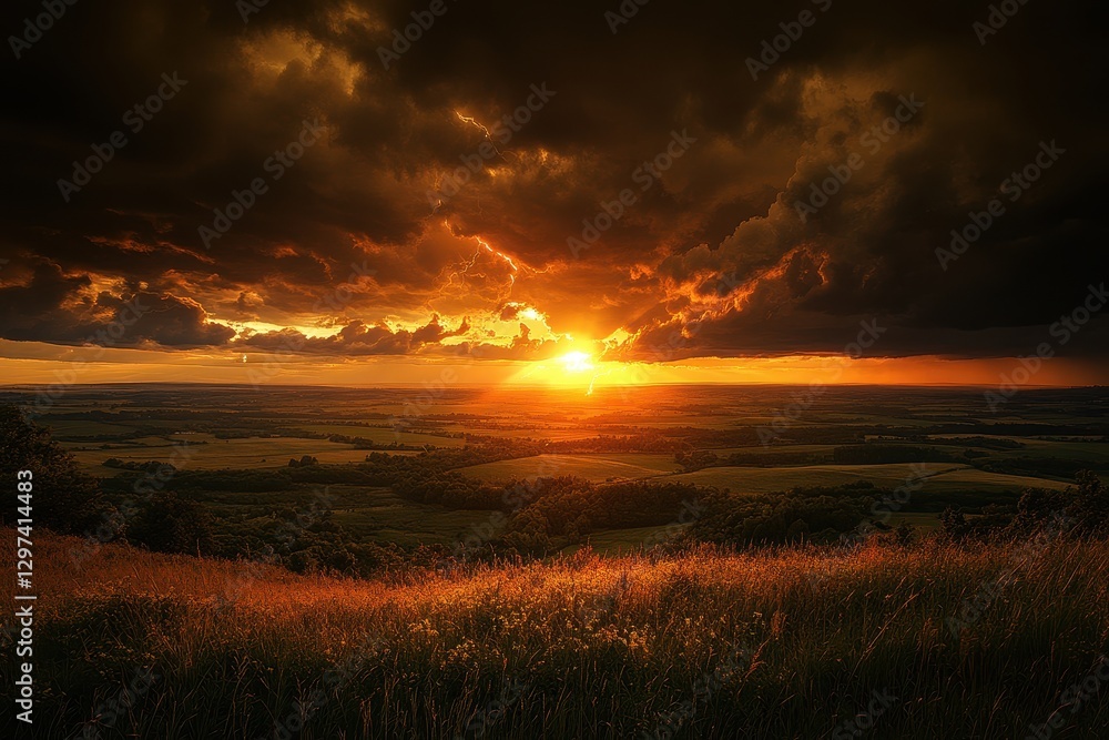Fototapeta premium Dramatic lightning strikes illuminate the sky over a mountainous landscape during a tempest at twilight