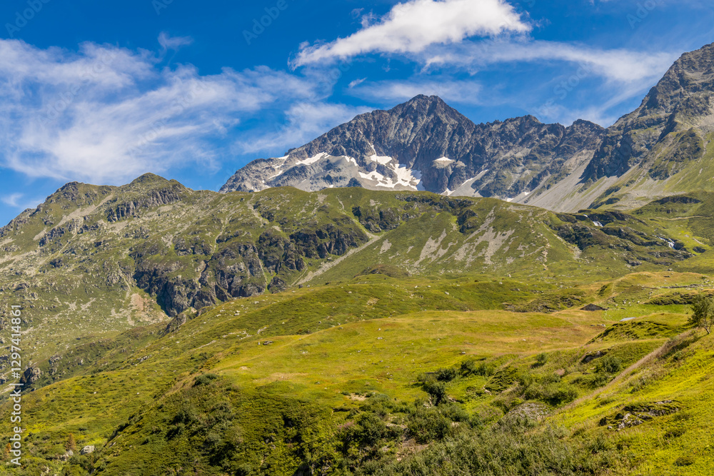 Fototapeta premium Tour du Mont Blanc beautiful alpine scenic view. Landscape of the summer Alps mountains with pocky peaks, blue ice glacier, green grass and blooming flowers. Alps in Italy and France hiking and trek