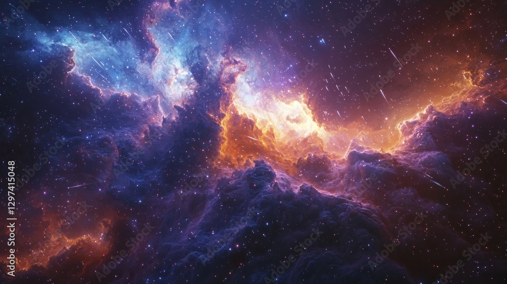 Naklejka premium Cosmic Wonder - Illustration of Vibrant Swirling Dust Clouds and Shooting Stars in 2D Flat Style Conveying Vastness and Awe