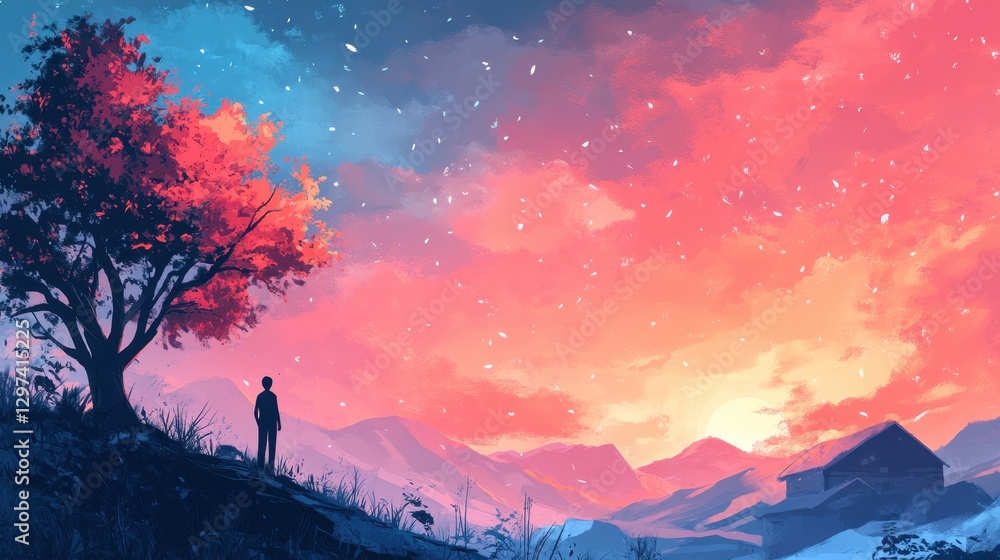 Fototapeta premium Silhouette of a Person Admiring a Vibrant Sunset with a Colorful Sky and Blossoming Tree in a Serene, Mountainous Landscape with a Cabin