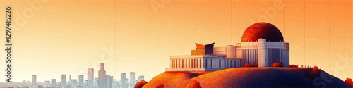 Captivating Vector Art of Los Angeles Skyline and Griffith Observatory under Starry Orange Sunset - Urban Landscape, Hills, Modern Architecture