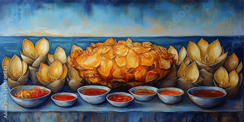 Vibrant Vector Art: Blooming Onion with Lotus Petals and Assorted Dipping Sauces on Scenic Ocean Background for Culinary and Botanical Inspiration