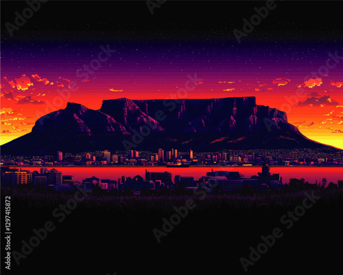 Vibrant Vector Illustration of Cape Town Skyline with Majestic Table Mountain at Sunset, Featuring Orange and Purple Skies and Cityscape in Silhouette