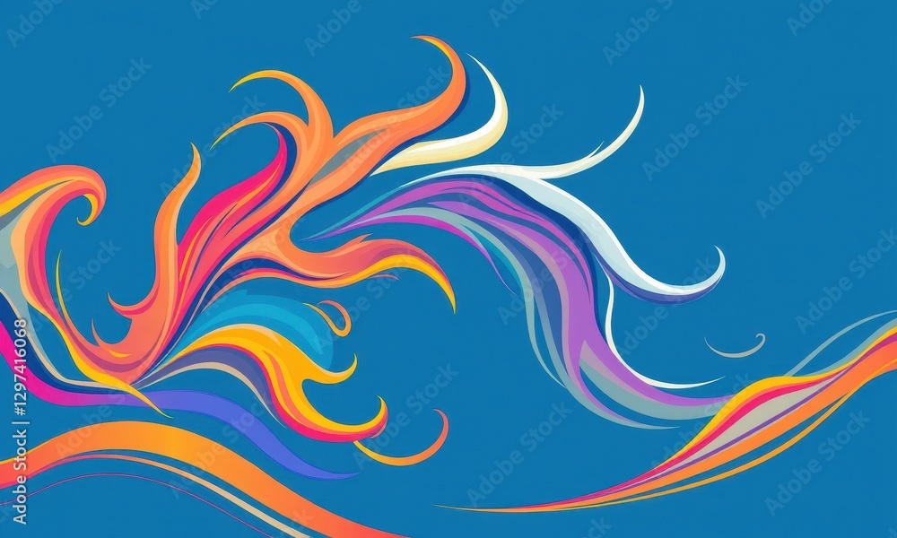 Vibrant Abstract Art with Colorful Swirling Ribbons on a Blue Background Creating Dynamic Flow and Movement in a Contemporary Creative Design Vibrant Abstract Art with Colorful Swirling Ribbons on a Blue Background Creating Dynamic Flow and Movement in a Contemporary Creative Design