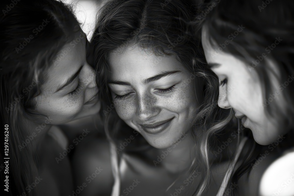 Fototapeta premium Diverse group of young women demonstrating closeness and emotional connection during a candid moment in a shared experience at sunset