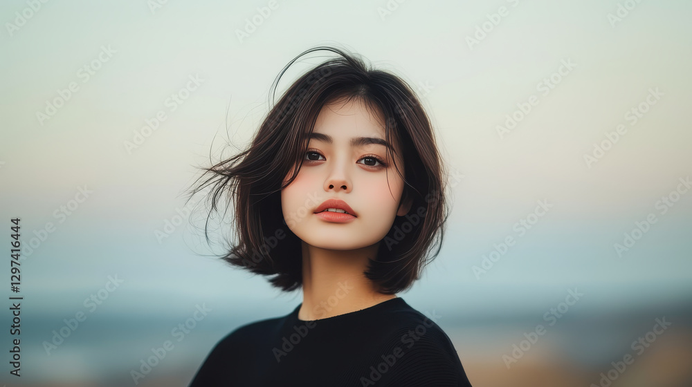 Obraz premium young Japanese woman with short hair stands outdoors, gazing thoughtfully into distance. soft background enhances her serene expression.