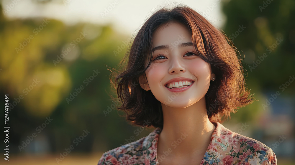 young Japanese woman with short, wavy hair smiles brightly in natural setting, wearing floral shirt. young Japanese woman with short, wavy hair smiles brightly in natural setting, wearing floral shirt.