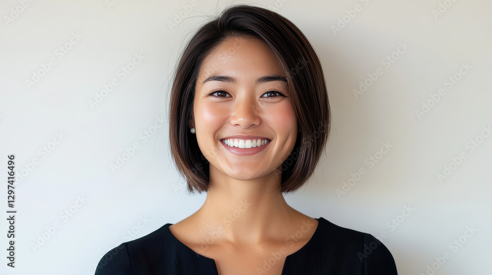 Smiling Asian woman with short hair, wearing black top, against light background. Smiling Asian woman with short hair, wearing black top, against light background.