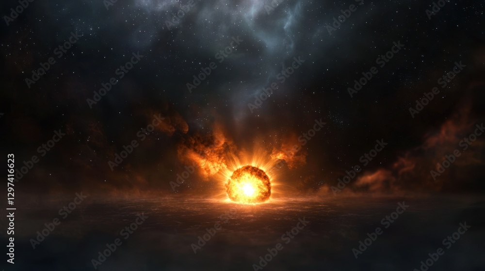 Fototapeta premium Dramatic cosmic scene showcasing a radiant sun emerging from dark clouds in a starry sky