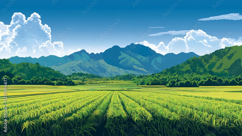 Serene Landscape of Green Fields and Majestic Mountains Against the Blue Sky Serene Landscape of Green Fields and Majestic Mountains Against the Blue Sky