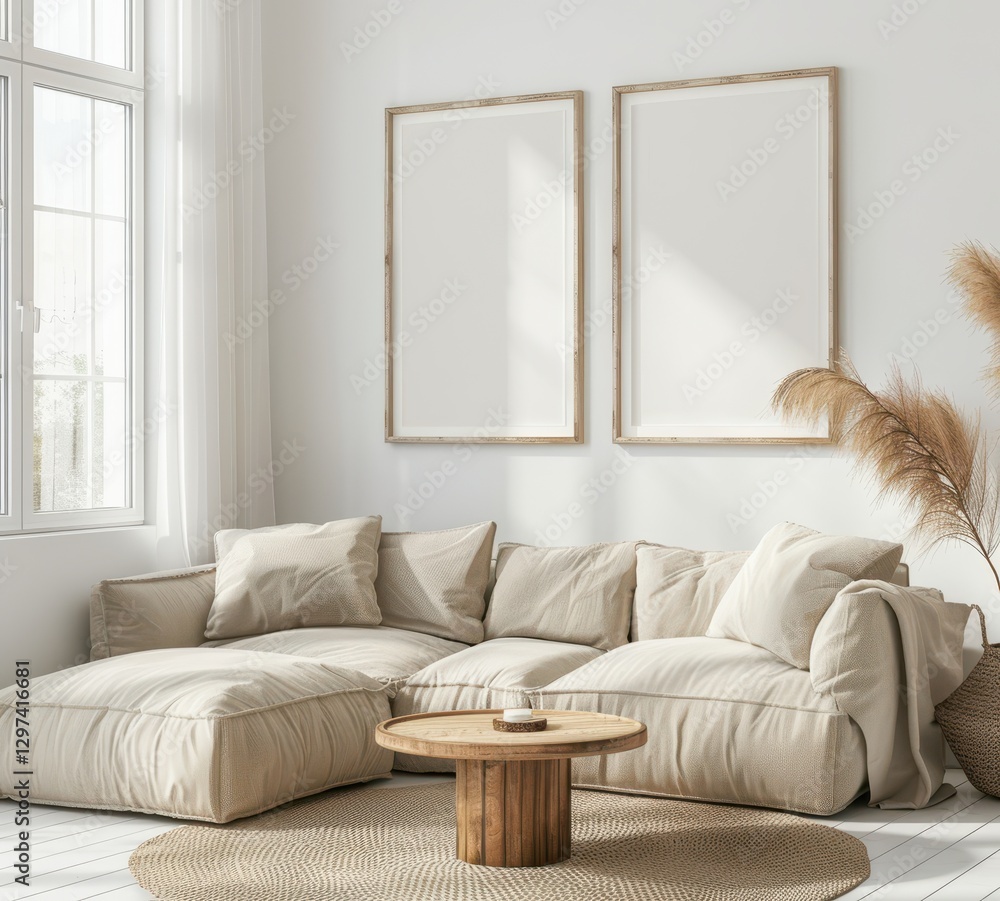 Fototapeta premium Modern living room with a beige sectional sofa. a round wooden coffee table. and two empty frames on the wall