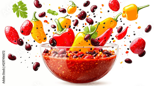 Vibrant Vector Image of Fresh Salsa Ingredients with Chili Peppers, Kidney Beans, Tomato and Cilantro Leaves in a Glass Bowl for Healthy Mexican Cuisine Design