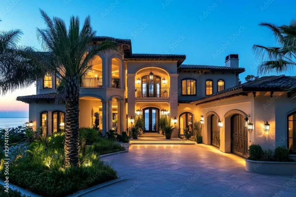Luxury coastal villa with elegant architecture and ocean view at dusk Luxury coastal villa with elegant architecture and ocean view at dusk