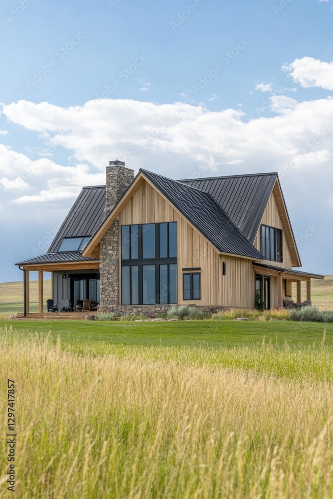 A contemporary wooden house featuring expansive windows is beautifully situated in a grassy field, surrounded by the serene countryside beneath a bright blue sky dotted with fluffy white clouds