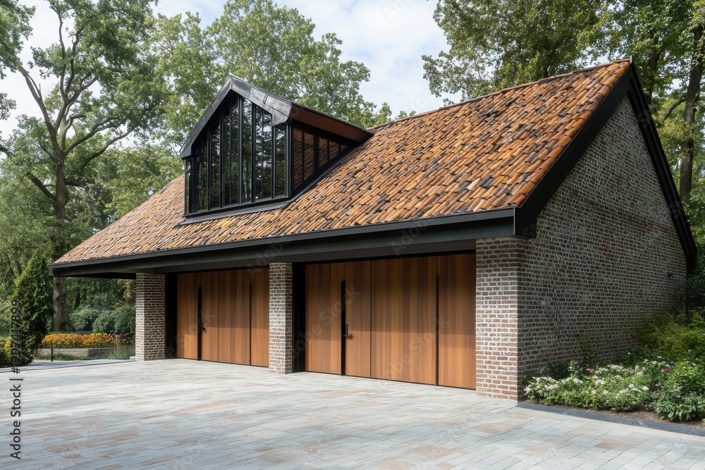 Beautiful modern barn-style garage featuring wooden doors and a large glass window in a serene garden setting on a sunny day Beautiful modern barn-style garage featuring wooden doors and a large glass window in a serene garden setting on a sunny day