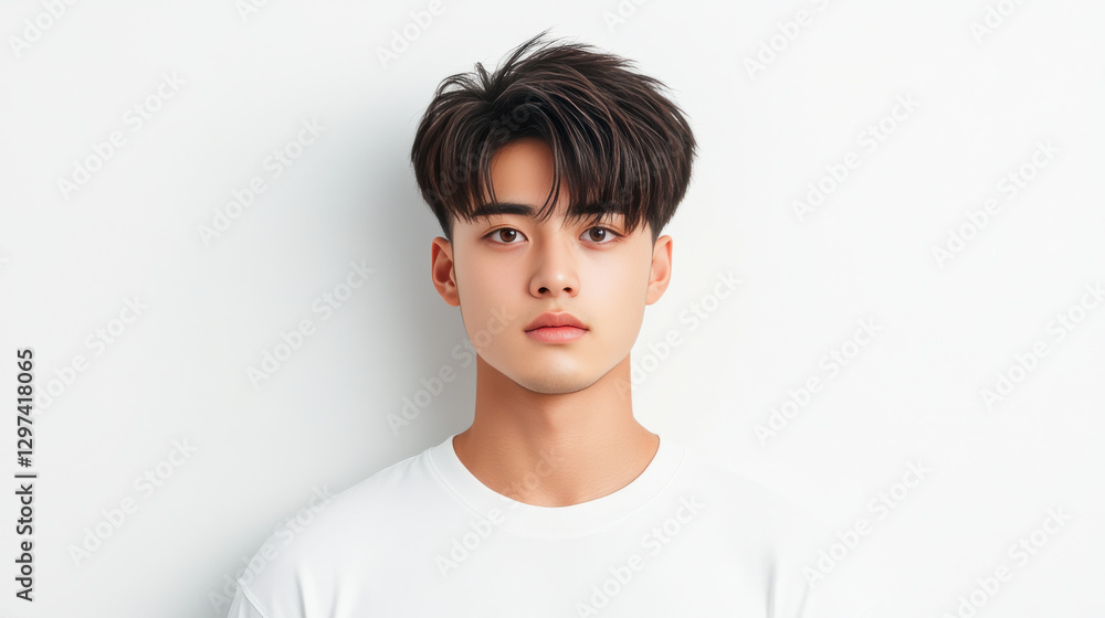 young Asian man with stylish hair, wearing plain white t shirt, stands against light background, exuding calm demeanor. young Asian man with stylish hair, wearing plain white t shirt, stands against light background, exuding calm demeanor.