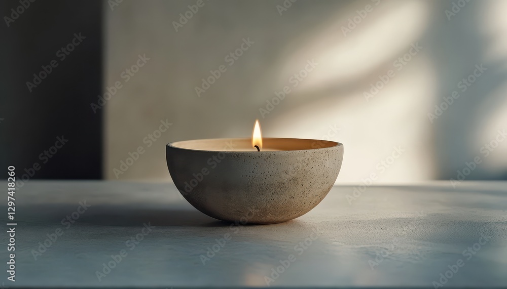 Candle illuminated in a minimalist bowl setting with dried flowers on a wooden table in a softly lit room Candle illuminated in a minimalist bowl setting with dried flowers on a wooden table in a softly lit room