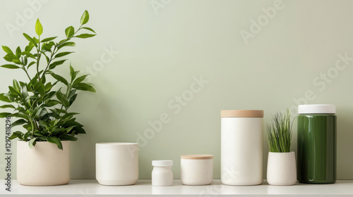 Wallpaper Mural Minimalist decor with plants and containers on light green background Torontodigital.ca