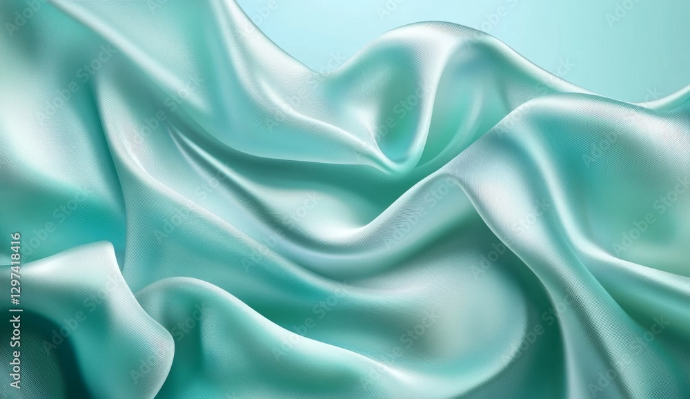 Fototapeta premium Teal silk draped fabric, studio shot, soft light background, fashion design