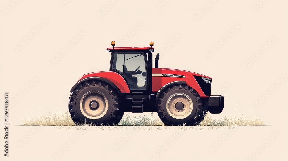 Obraz premium Digital Illustration of Red Modern Tractor in Agricultural Field Showcasing Farming Technology and Machinery in Minimalist Style Artwork