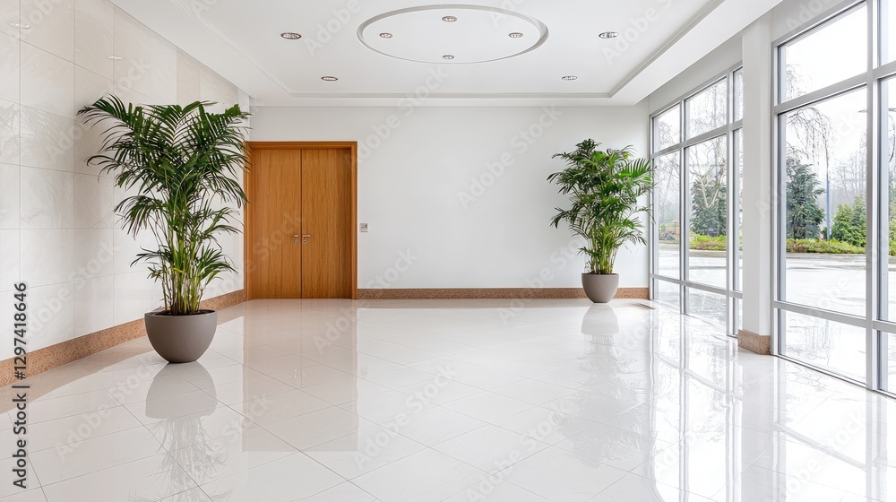 Fototapeta premium Empty modern office hallway with large windows