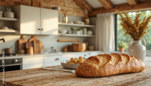 Rustic Kitchen Bread on Wooden Counter, Clean Kitchen Counter, Spring Cleaning