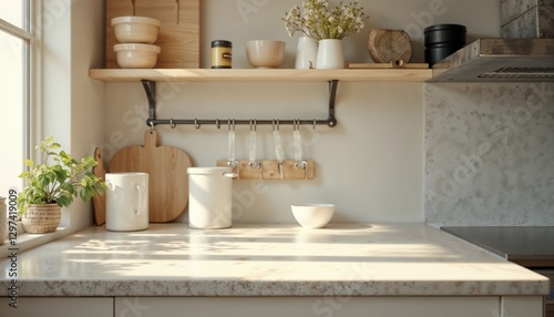 Wallpaper Mural Bright Minimalist Kitchen with Wooden Shelves, Clean Kitchen Counter, Spring Cleaning Torontodigital.ca