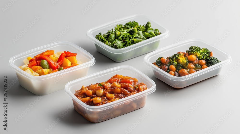 Fresh meal prep containers filled with colorful vegetables and beans. Fresh meal prep containers filled with colorful vegetables and beans.